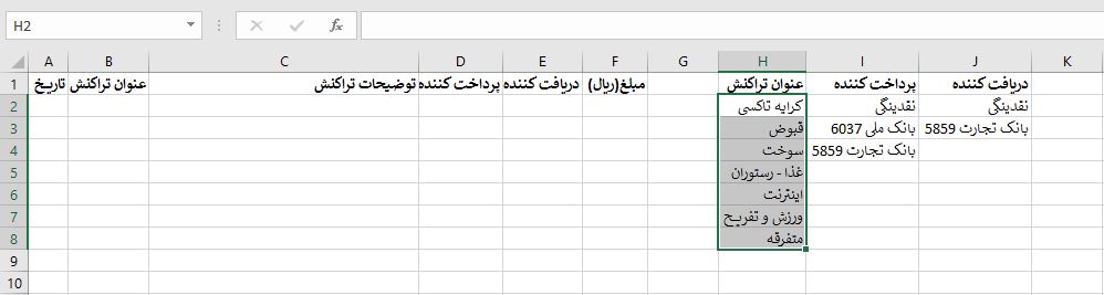 ایجاد لیست کشویی در Data validation