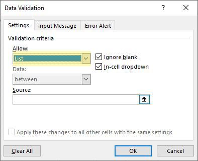 ایجاد لیست کشویی در Data validation