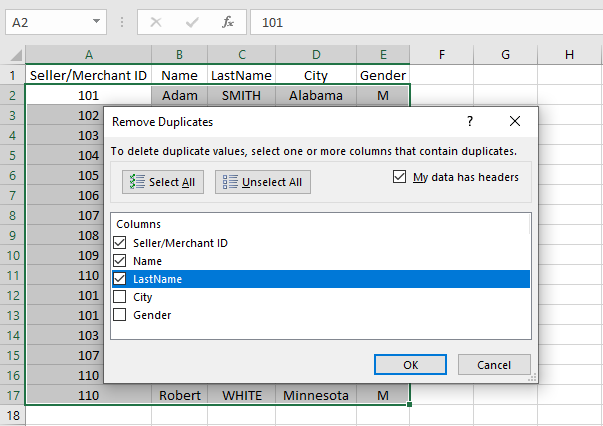 ابزار Remove Duplicates از سربرگ Data