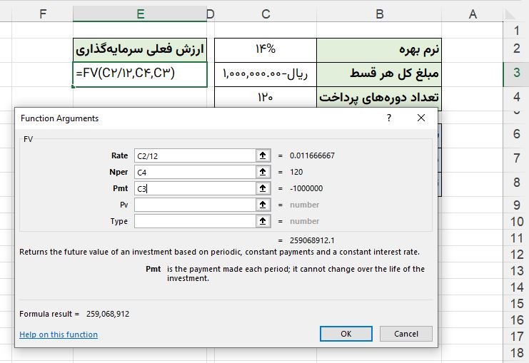 ساختار تابع FV اکسل